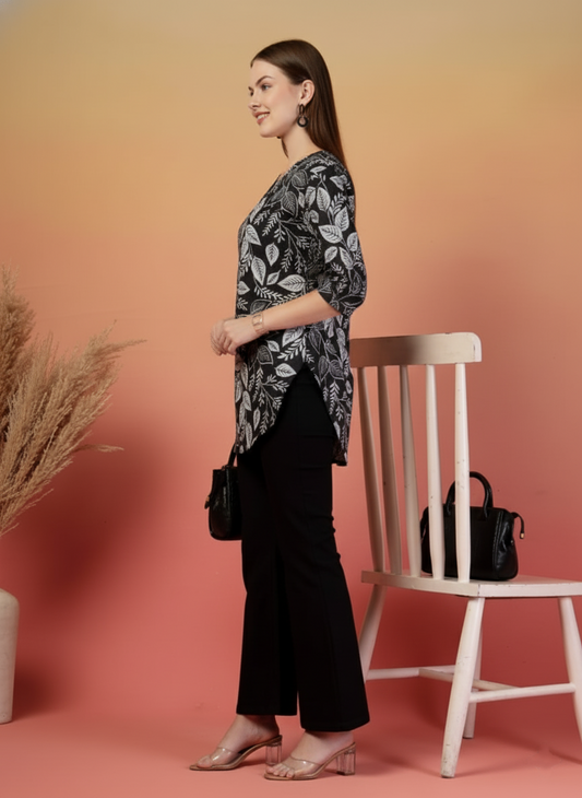 Black & White Leaf Print Short Kurti