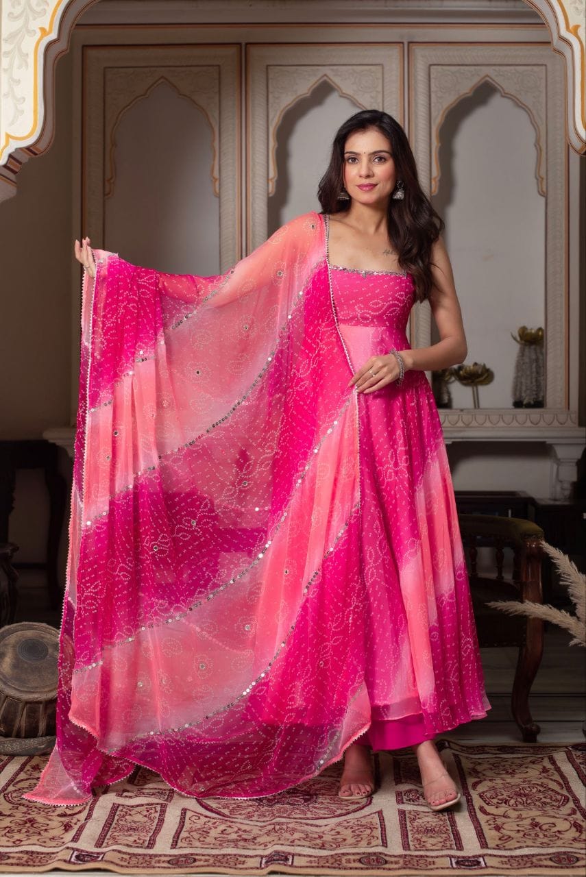 Hot Pink Bandhani Printed Anarkali Kurta Set with Ombre Dupatta – Festive & Wedding Wear