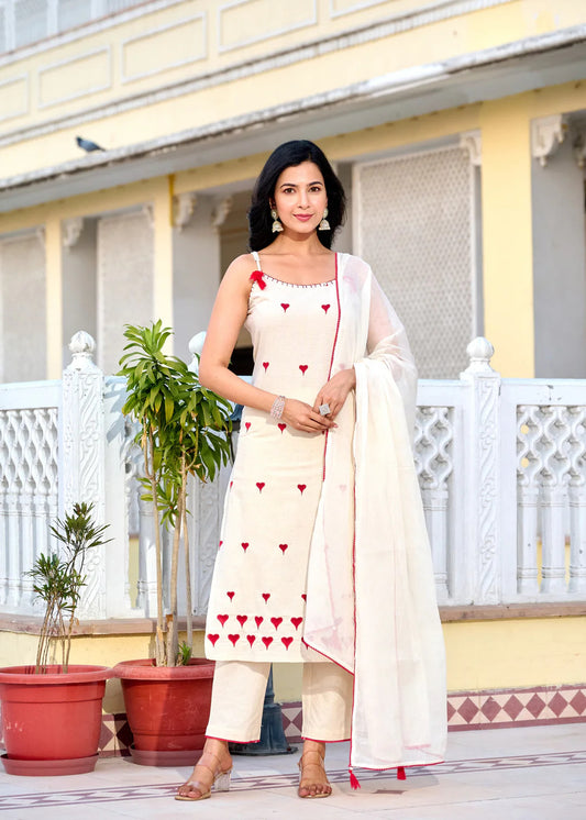 Ivory Cotton Embroidered Kurta Set with Dupatta | Minimal Festive Wear by Laxurine