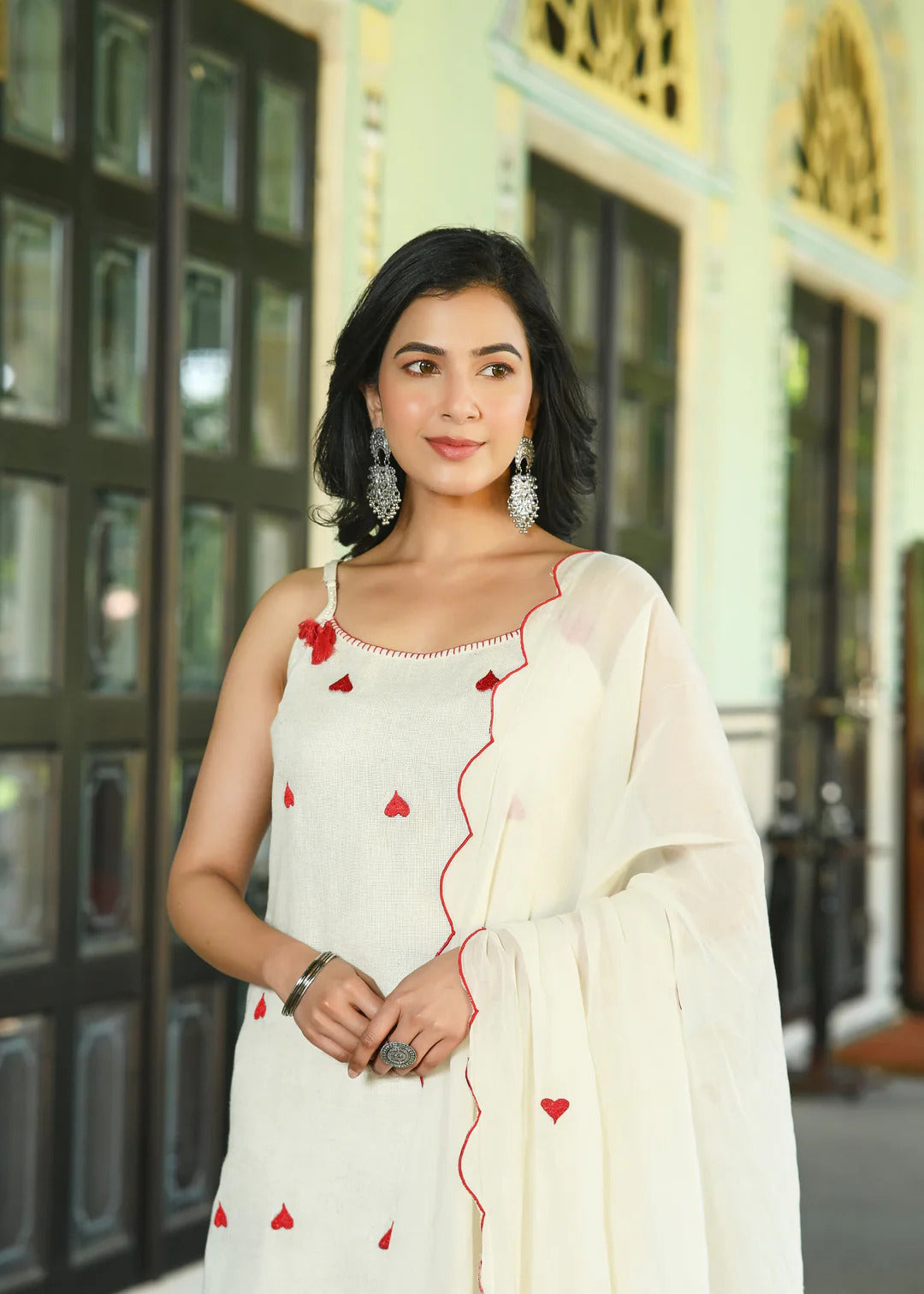 Ivory Cotton Embroidered Kurta Set with Dupatta | Minimal Festive Wear by Laxurine