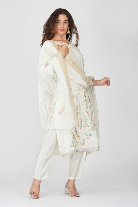 Elegant White Embroidered Kurti Set with Dupatta