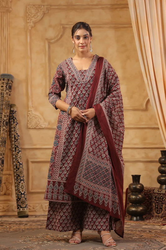 Maroon Handblock Printed Cotton Kurta Set with Dupatta – Premium Ethnic Ensemble by Laxurine