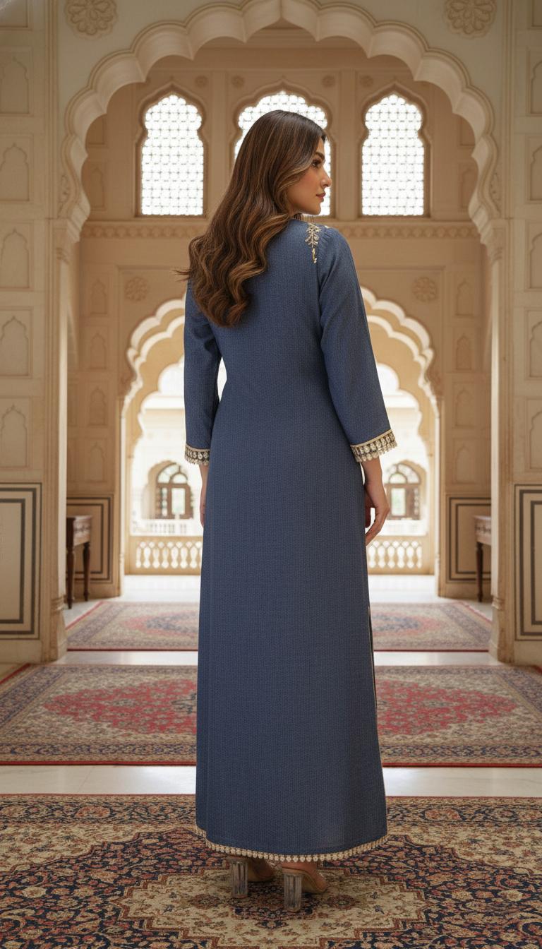 Dark Denim Gold Luxe Kaftan Dress — Premium Partywear Collection