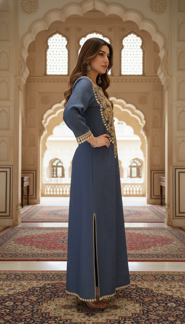 Dark Denim Gold Luxe Kaftan Dress — Premium Partywear Collection