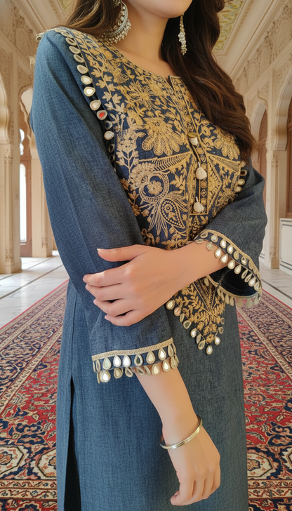 Dark Denim Gold Luxe Kaftan Dress — Premium Partywear Collection