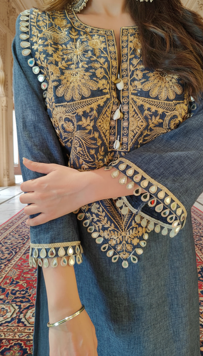 Dark Denim Gold Luxe Kaftan Dress — Premium Partywear Collection