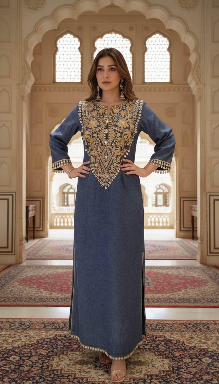 Dark Denim Gold Luxe Kaftan Dress — Premium Partywear Collection