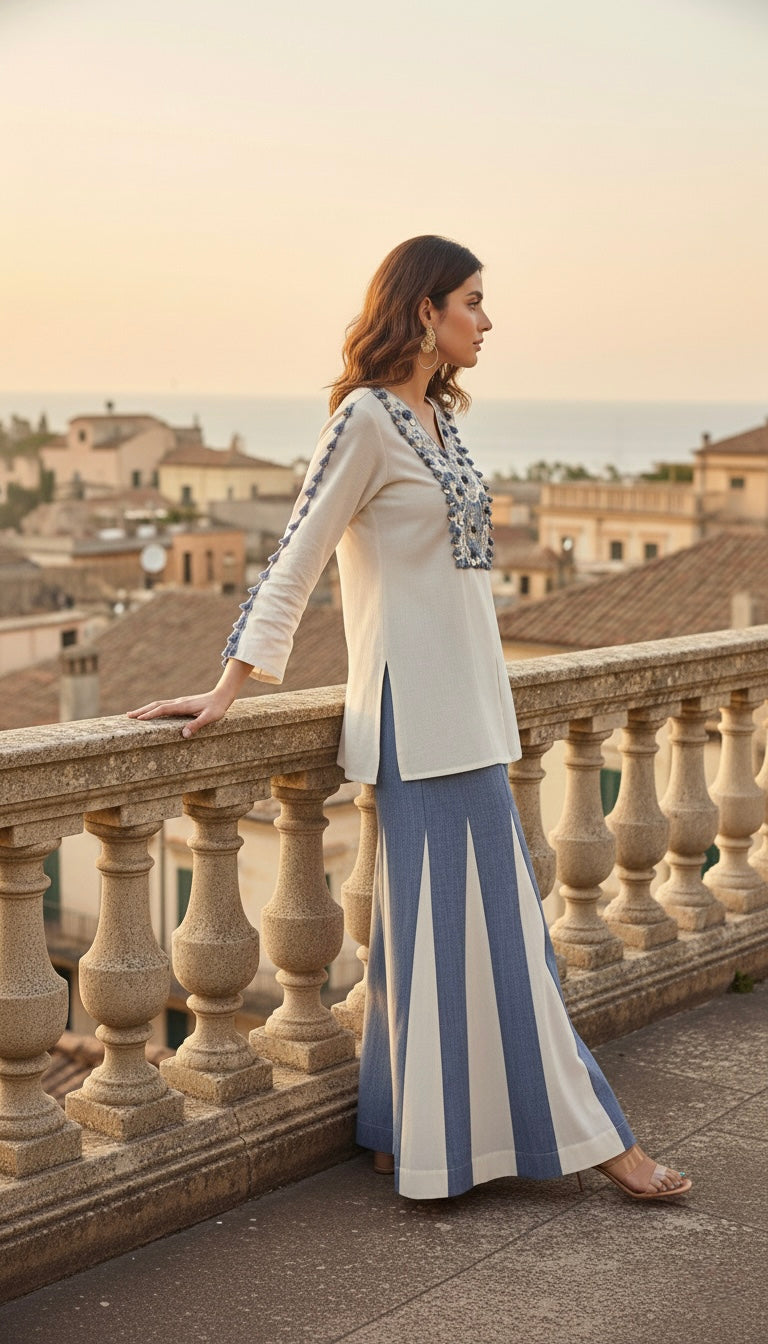 Laxurine Ivory & Denim Blue Embroidered Kurti with Flared Palazzo Set – Luxury Indo-Western Co-ord