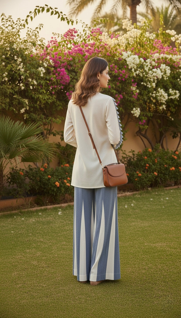 Laxurine Ivory & Denim Blue Embroidered Kurti with Flared Palazzo Set – Luxury Indo-Western Co-ord