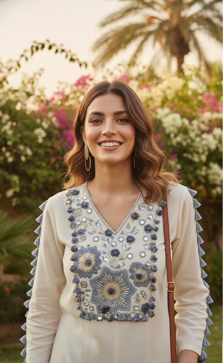 Laxurine Ivory & Denim Blue Embroidered Kurti with Flared Palazzo Set – Luxury Indo-Western Co-ord