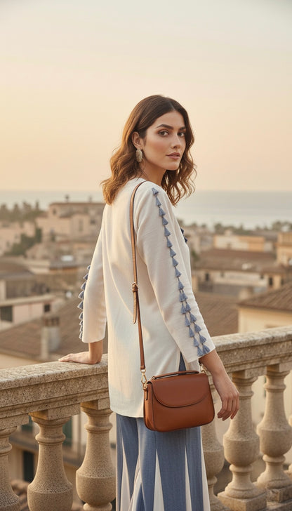 Laxurine Ivory & Denim Blue Embroidered Kurti with Flared Palazzo Set – Luxury Indo-Western Co-ord