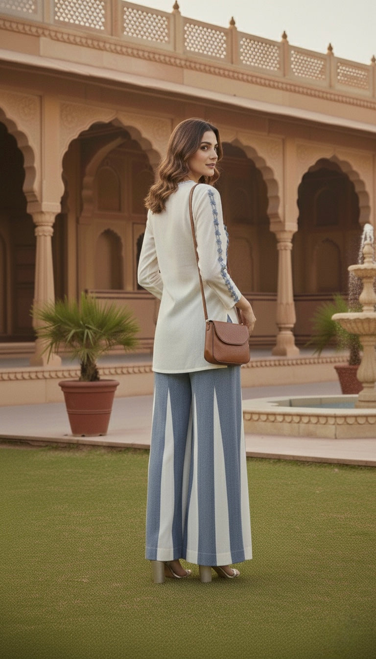 Laxurine Ivory & Denim Blue Embroidered Kurti with Flared Palazzo Set – Luxury Indo-Western Co-ord