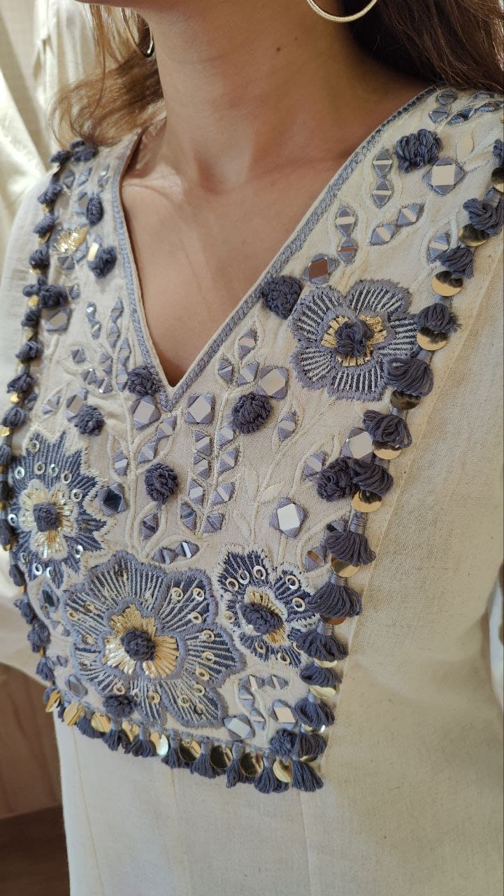 Laxurine Ivory & Denim Blue Embroidered Kurti with Flared Palazzo Set – Luxury Indo-Western Co-ord