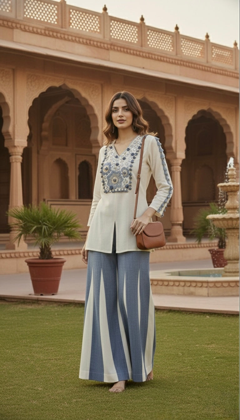 Laxurine Ivory & Denim Blue Embroidered Kurti with Flared Palazzo Set – Luxury Indo-Western Co-ord