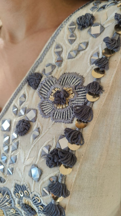 Laxurine Ivory & Denim Blue Embroidered Kurti with Flared Palazzo Set – Luxury Indo-Western Co-ord