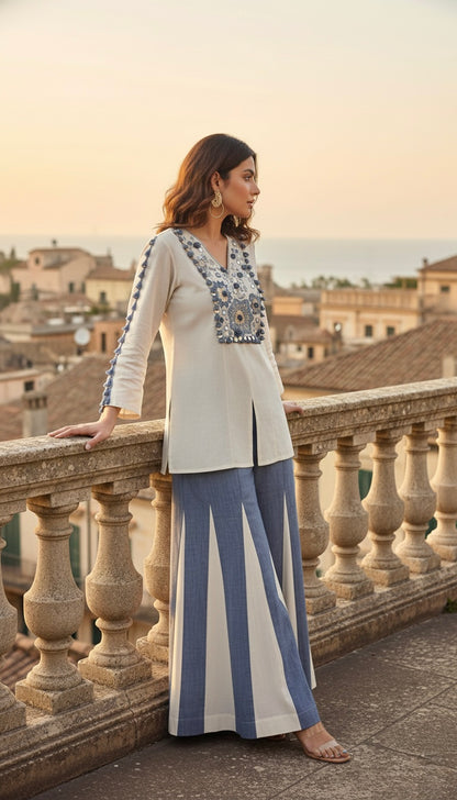 Laxurine Ivory & Denim Blue Embroidered Kurti with Flared Palazzo Set – Luxury Indo-Western Co-ord