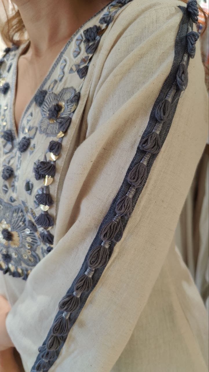 Laxurine Ivory & Denim Blue Embroidered Kurti with Flared Palazzo Set – Luxury Indo-Western Co-ord