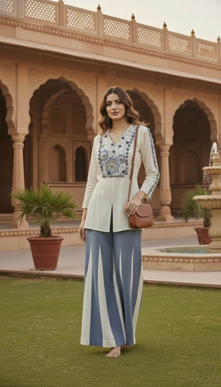 Laxurine Ivory & Denim Blue Embroidered Kurti with Flared Palazzo Set – Luxury Indo-Western Co-ord