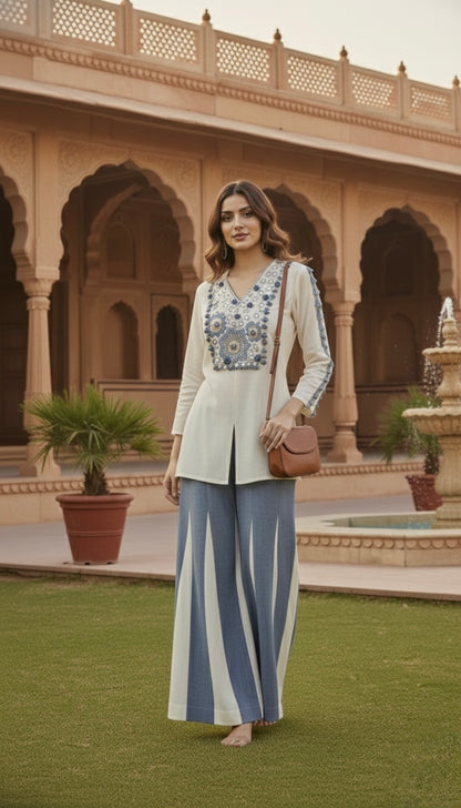 Laxurine Ivory & Denim Blue Embroidered Kurti with Flared Palazzo Set – Luxury Indo-Western Co-ord