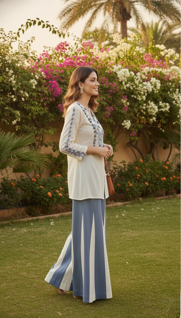 Laxurine Ivory & Denim Blue Embroidered Kurti with Flared Palazzo Set – Luxury Indo-Western Co-ord