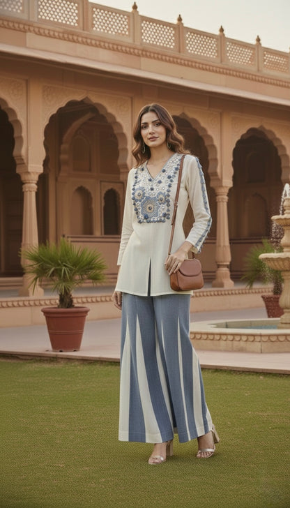 Laxurine Ivory & Denim Blue Embroidered Kurti with Flared Palazzo Set – Luxury Indo-Western Co-ord