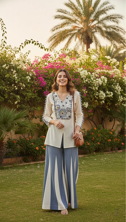 Laxurine Ivory & Denim Blue Embroidered Kurti with Flared Palazzo Set – Luxury Indo-Western Co-ord