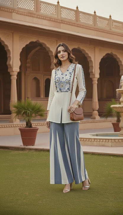 Laxurine Ivory & Denim Blue Embroidered Kurti with Flared Palazzo Set – Luxury Indo-Western Co-ord