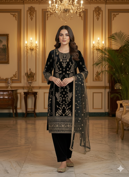 Black Velvet Zari Embroidered Suit Set for Women | Premium Kurti-Pant-Dupatta | Festive & Partywear Collection