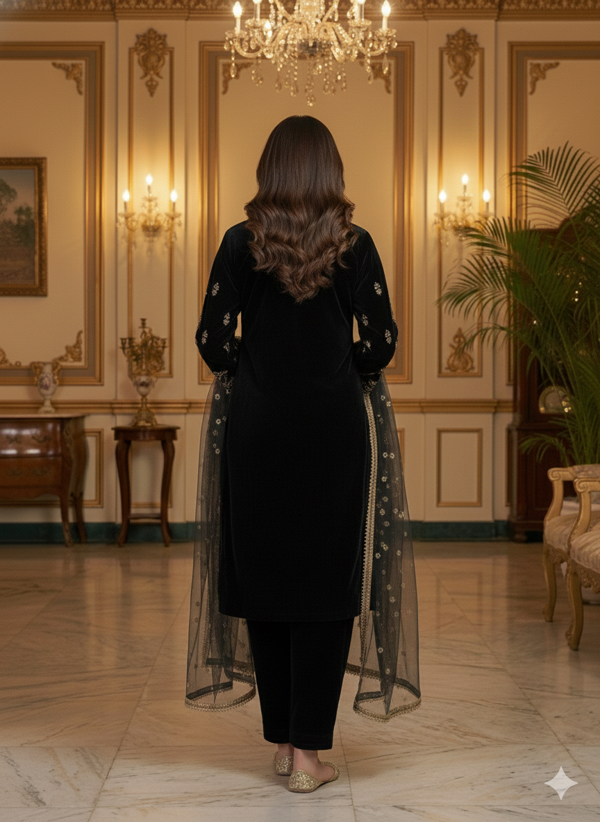 Black Velvet Zari Embroidered Suit Set for Women | Premium Kurti-Pant-Dupatta | Festive & Partywear Collection