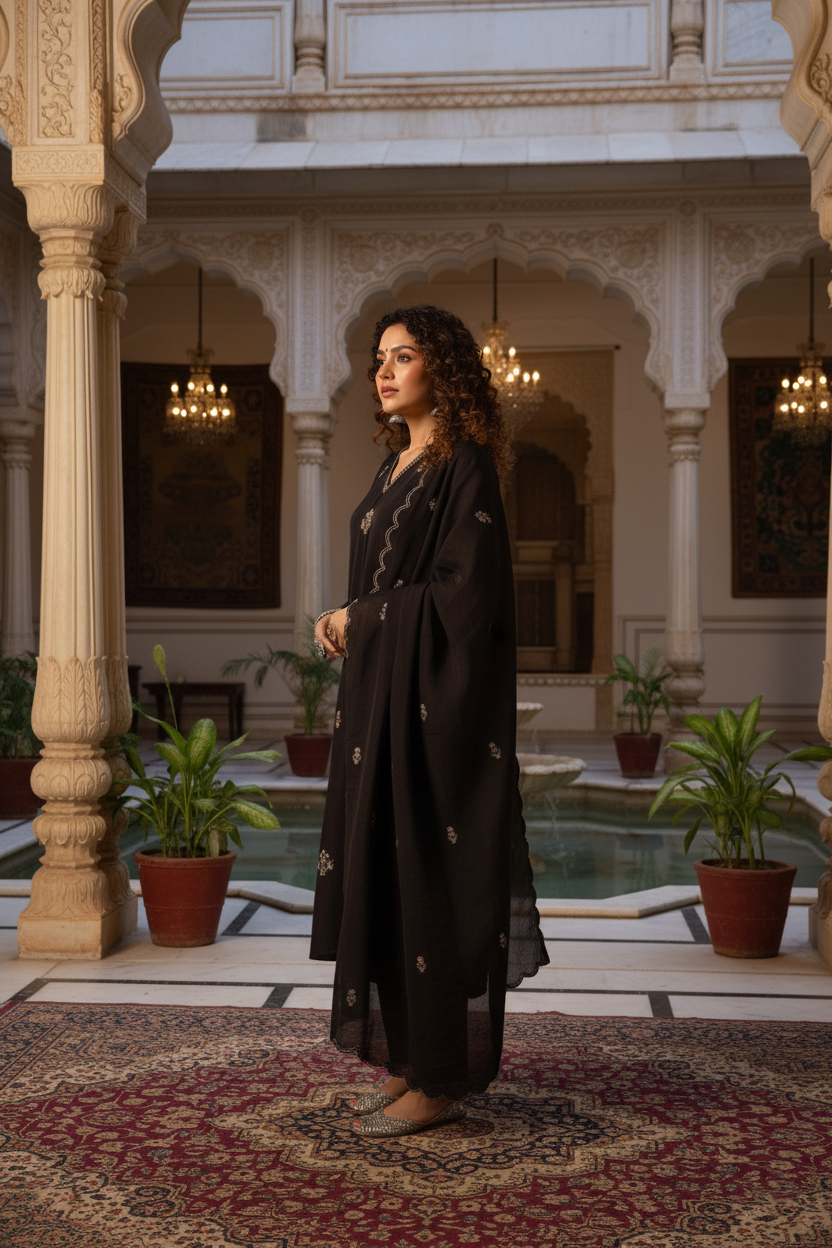 Noir Éclat Handcrafted Kurta Set | Luxury Black