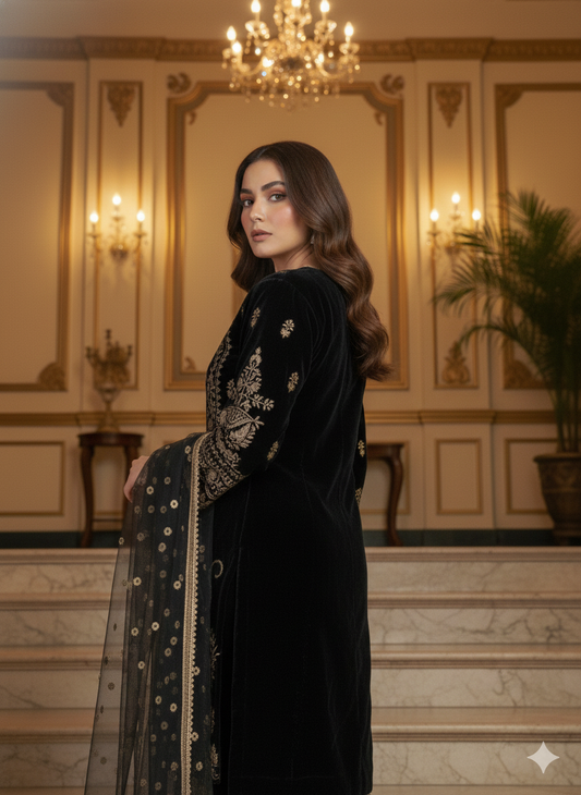 Black Velvet Zari Embroidered Suit Set for Women | Premium Kurti-Pant-Dupatta | Festive & Partywear Collection