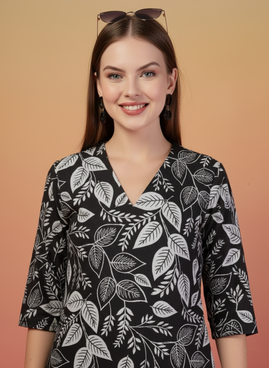 Black & White Leaf Print Short Kurti