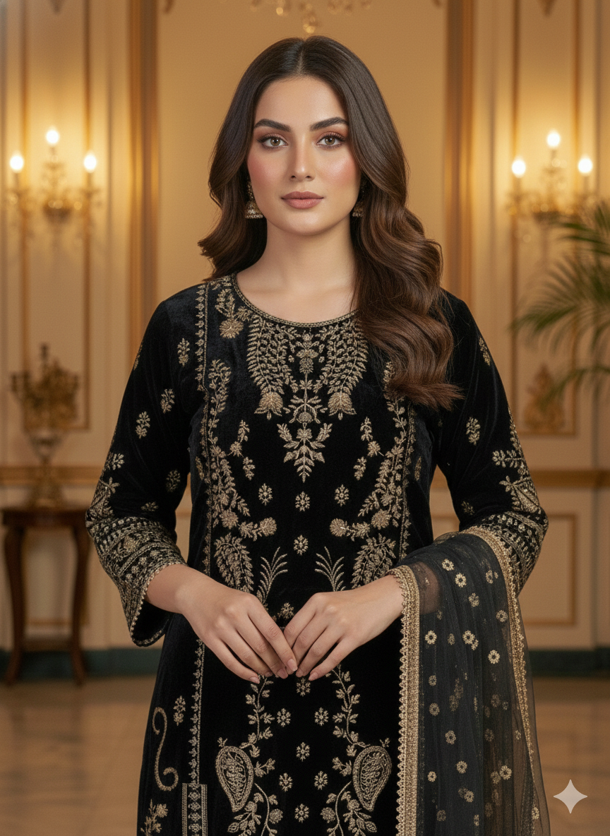 Black Velvet Zari Embroidered Suit Set for Women | Premium Kurti-Pant-Dupatta | Festive & Partywear Collection