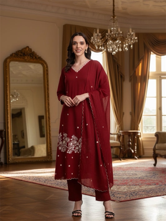 Laxurine Wine Red Embroidered Kurta Set for Women with Dupatta – Elegant Festive & Wedding Wear Ethnic Outfit
