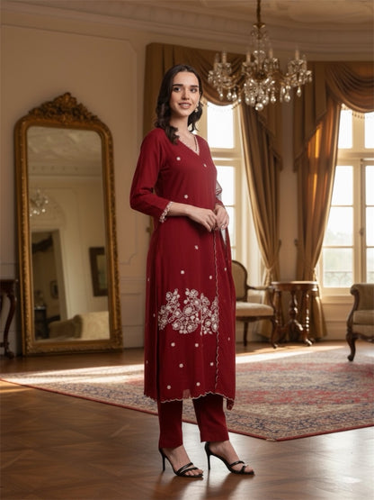 Laxurine Wine Red Embroidered Kurta Set for Women with Dupatta – Elegant Festive & Wedding Wear Ethnic Outfit