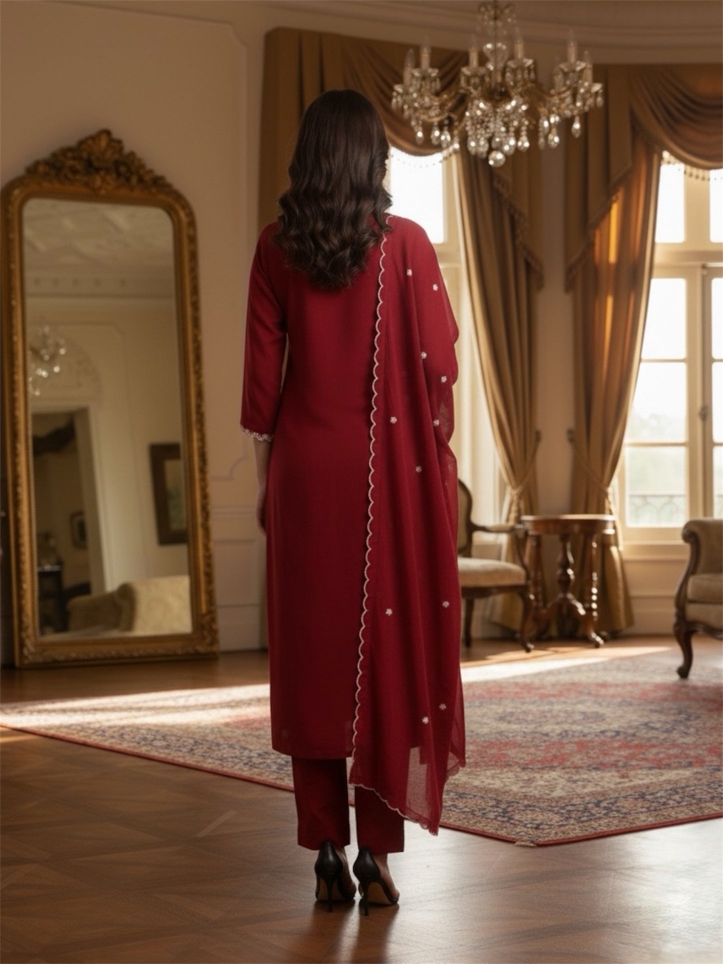 Laxurine Wine Red Embroidered Kurta Set for Women with Dupatta – Elegant Festive & Wedding Wear Ethnic Outfit