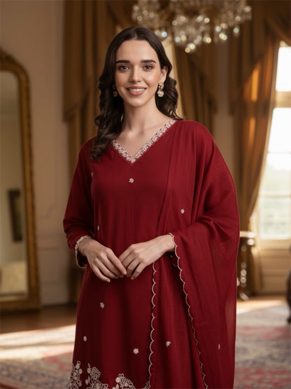 Laxurine Wine Red Embroidered Kurta Set for Women with Dupatta – Elegant Festive & Wedding Wear Ethnic Outfit