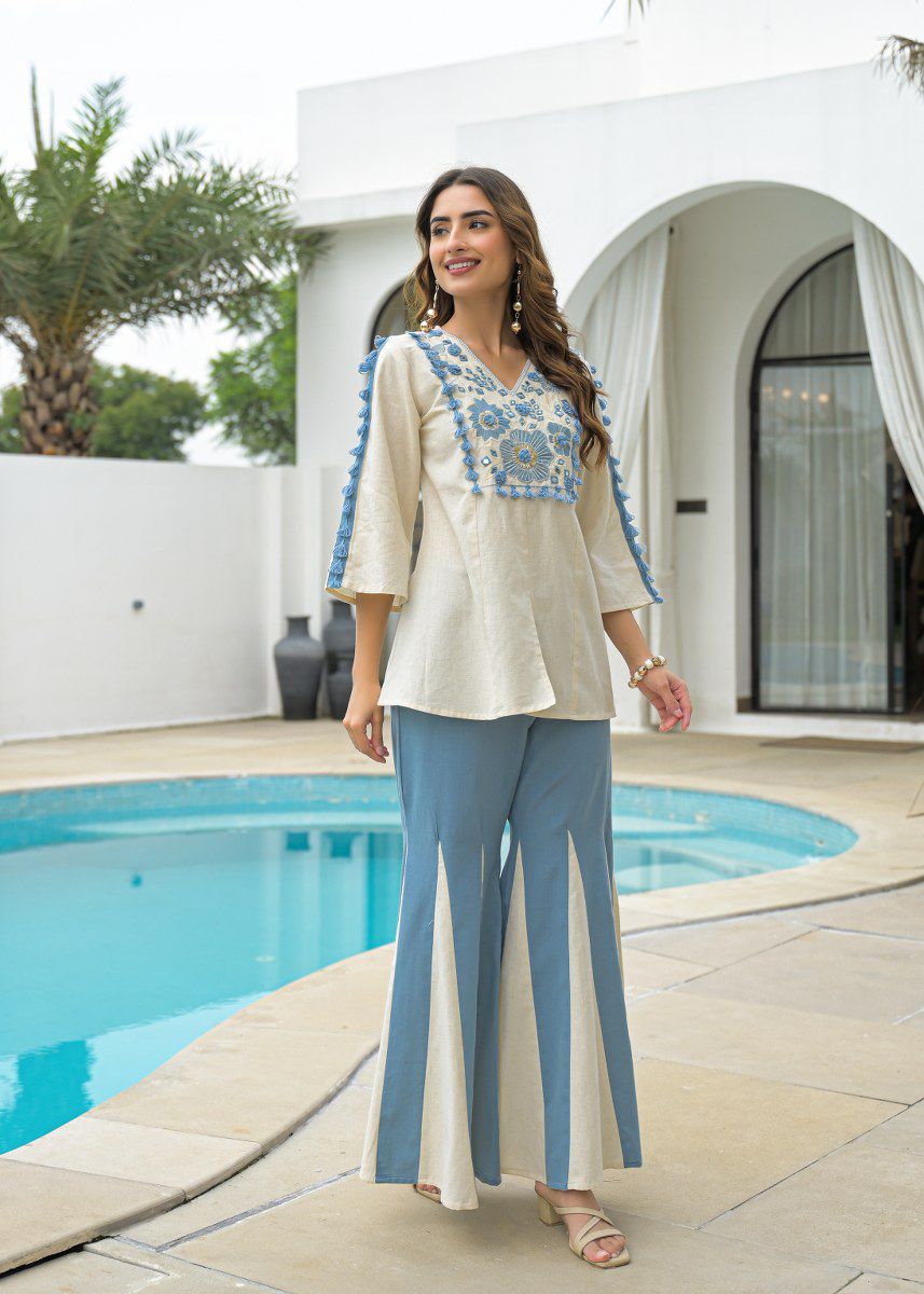 Women’s Cotton Embroidered Co-ord Set | Stylish Indo-Western Kurta with Palazzo Pants | Festive & Casual Wear