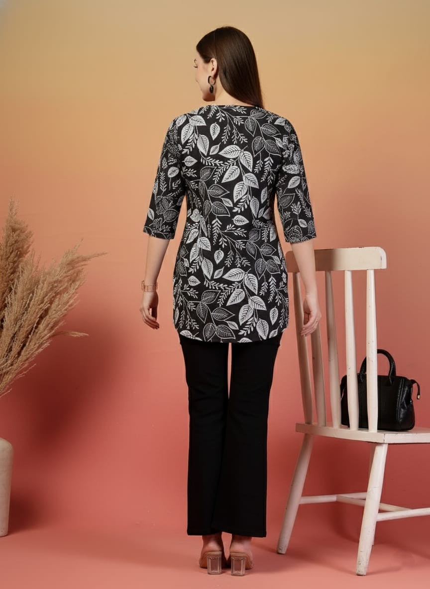 Black & White Leaf Print Short Kurti