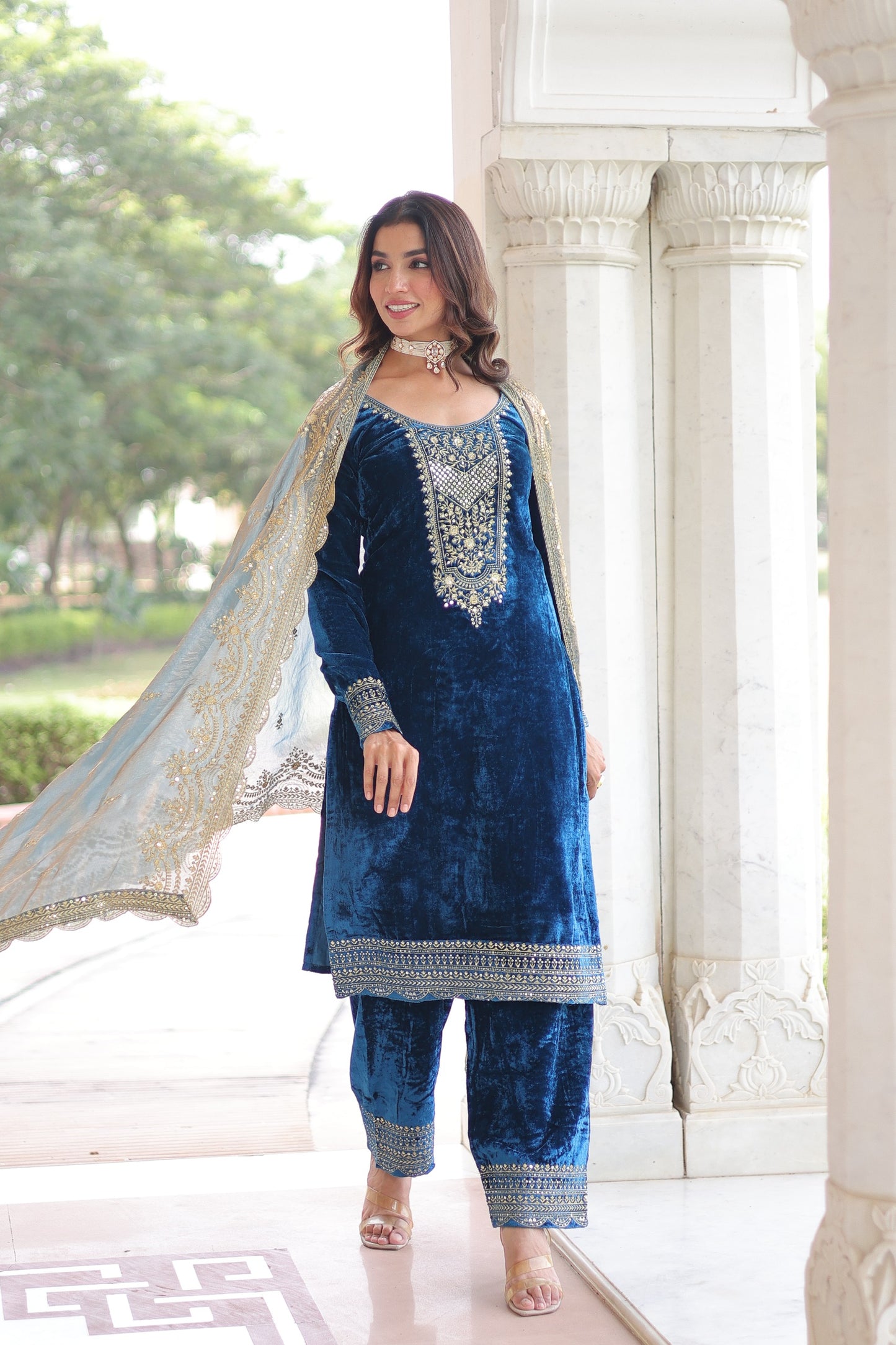 Velvet Sequin Embroidered 3-Piece Designer Set – Top, Pant & Dupatta | Winter Vication