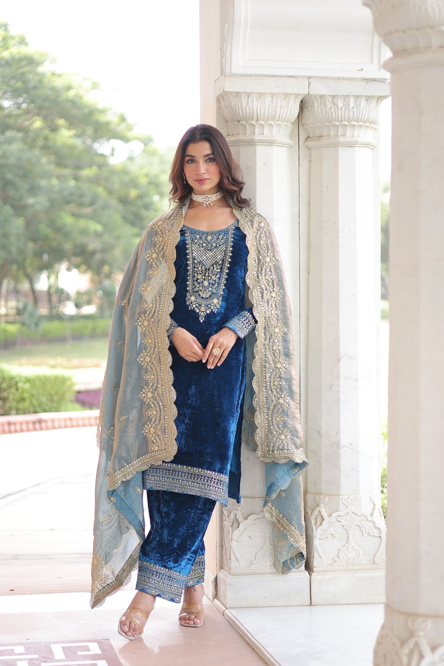 Velvet Sequin Embroidered 3-Piece Designer Set – Top, Pant & Dupatta | Winter Vication