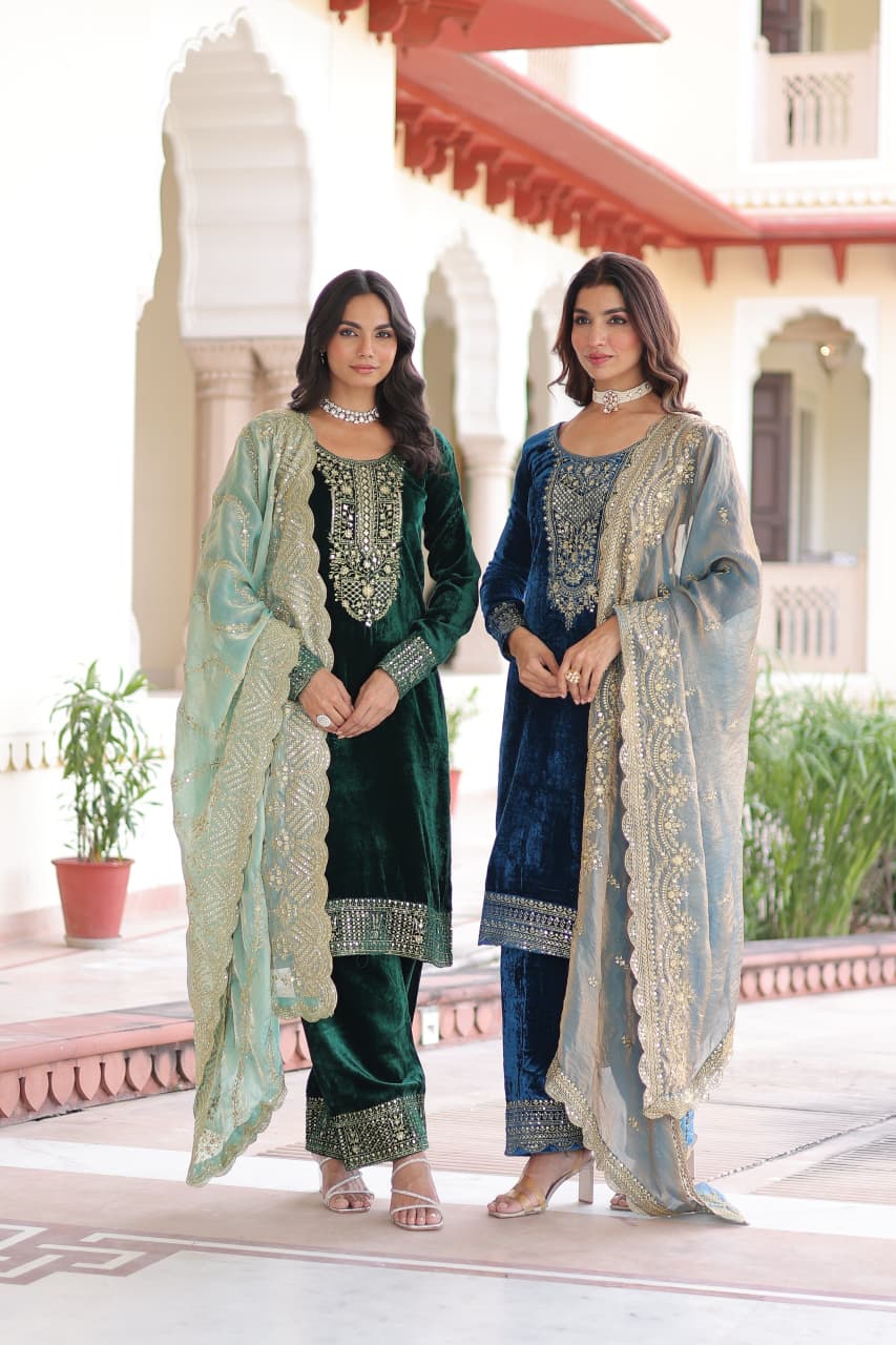 Velvet Sequin Embroidered 3-Piece Designer Set – Top, Pant & Dupatta | Winter Vication