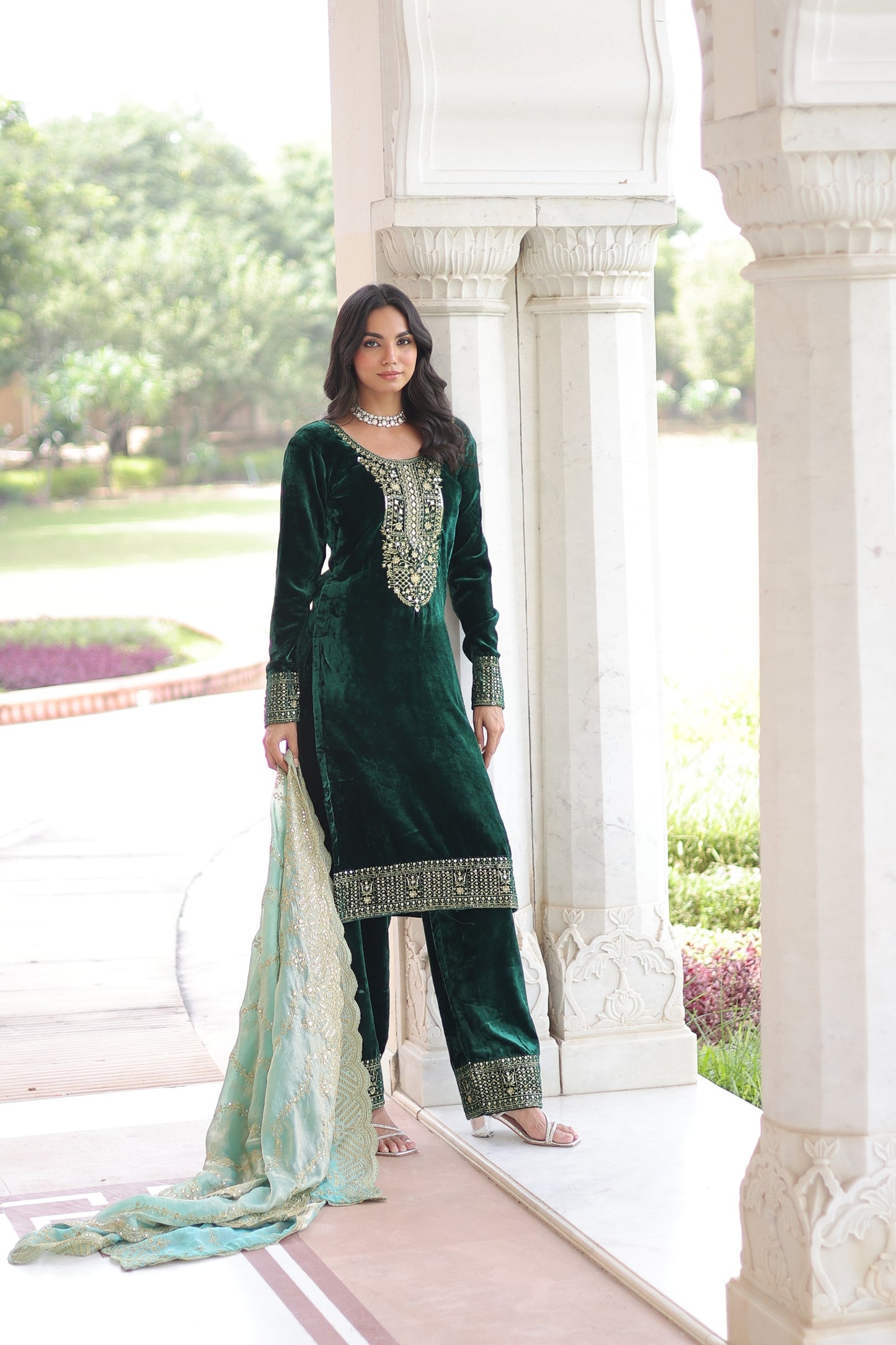 Velvet Sequin Embroidered 3-Piece Designer Set – Top, Pant & Dupatta | Winter Vication