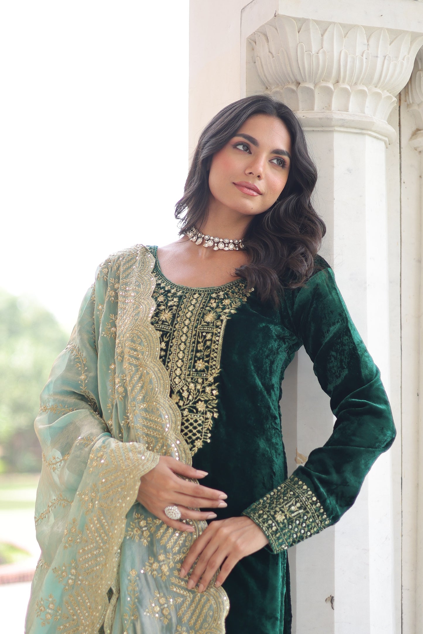 Velvet Sequin Embroidered 3-Piece Designer Set – Top, Pant & Dupatta | Winter Vication