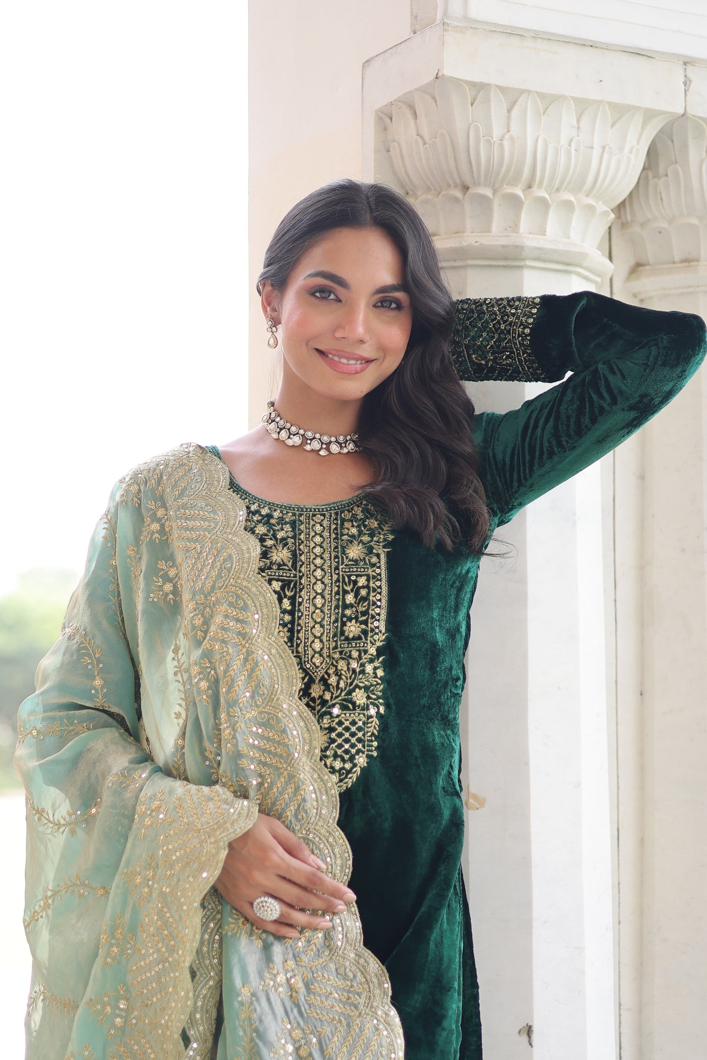 Velvet Sequin Embroidered 3-Piece Designer Set – Top, Pant & Dupatta | Winter Vication