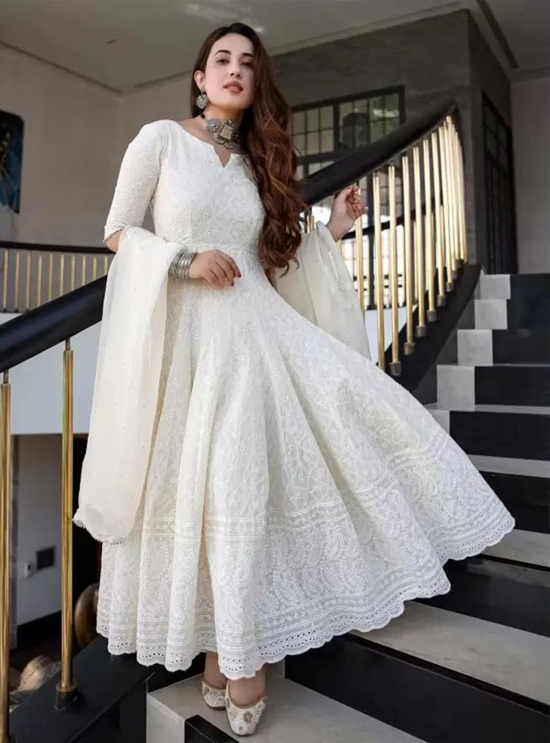 ✨ White Embroidered Anarkali Dress with Dupatta | Luxury Flared Ethnic Gown for Women – Laxurine