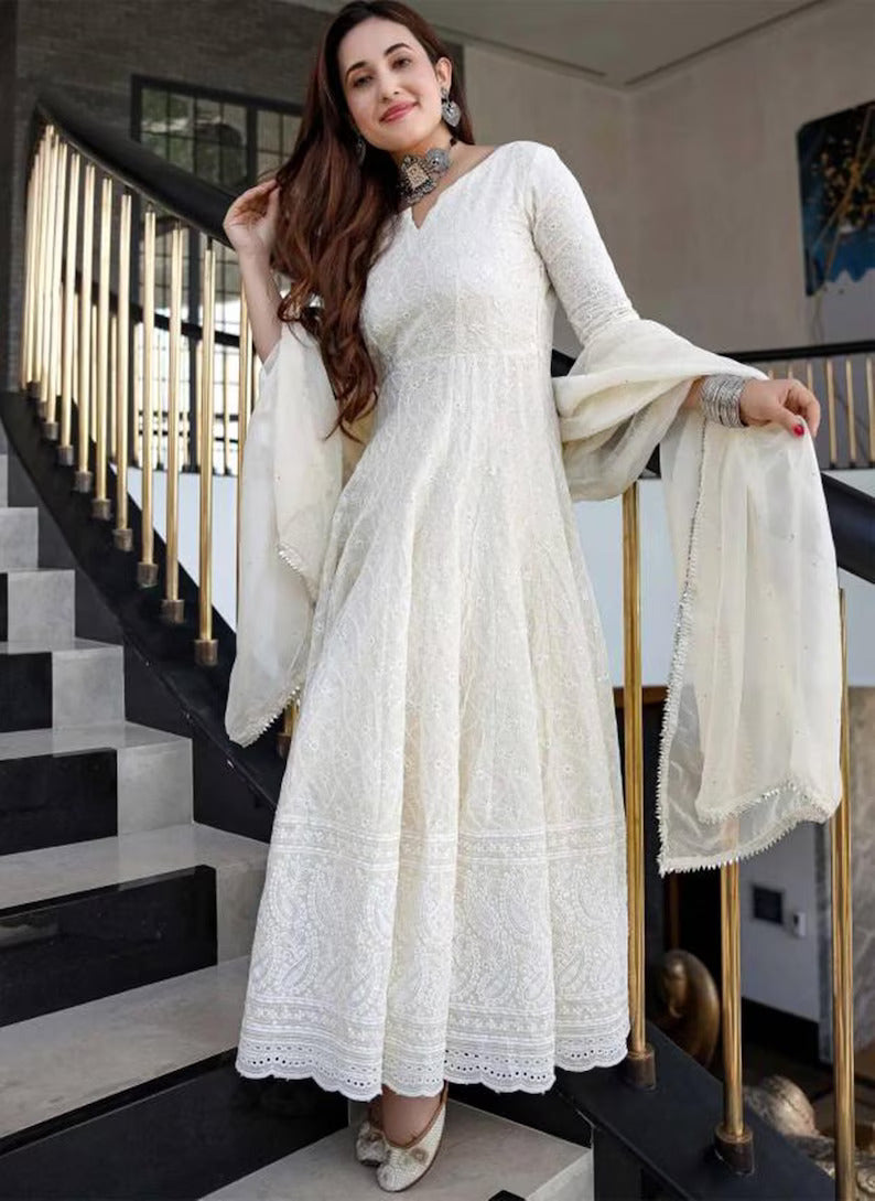 ✨ White Embroidered Anarkali Dress with Dupatta | Luxury Flared Ethnic Gown for Women – Laxurine