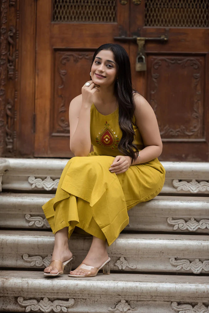 Yellow A-Line Top & Palazzo Set – Elegant Handcrafted Festive Co-ord | Laxurine Luxe Collection