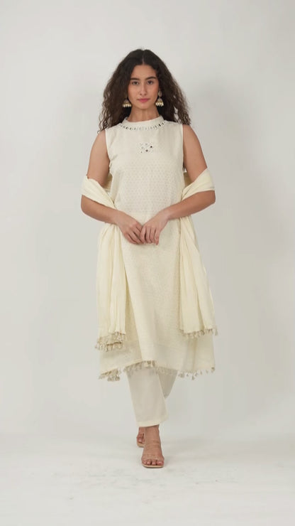 White Sleeveless Mirror Work Kurti Set with Dupatta