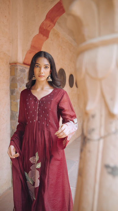 Maroon Mul Chanderi Appliqué Suit Set with Zari & Sequin Detailing